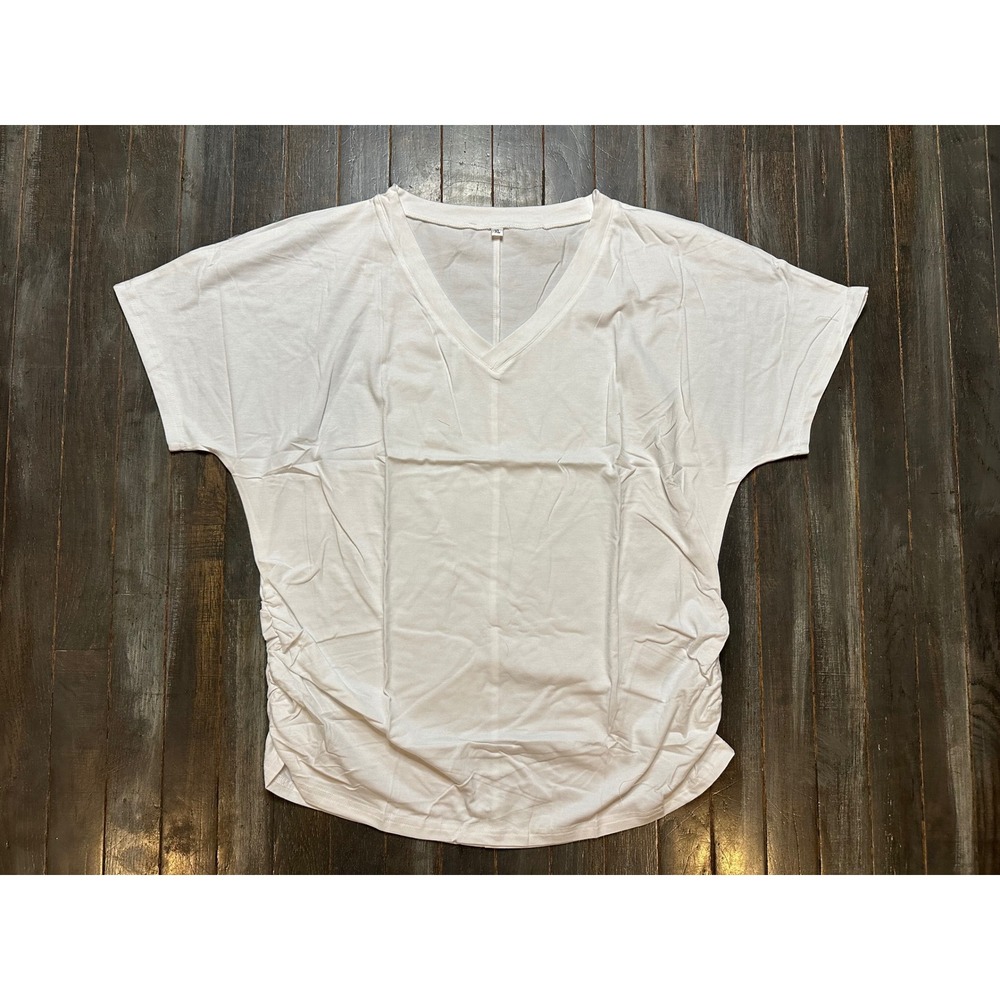 White V-Neck Short Sleeve Ruched Side Dolman Top